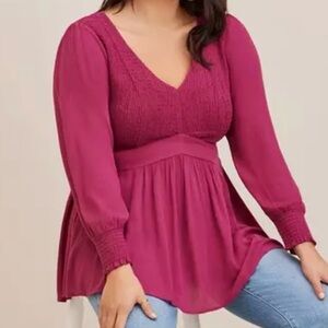 Torrid Babydol Crinkle Smocked Long Sleeve Top Size 0 (Large)